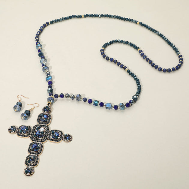FASHNZFAB Stone Pearl Embellished Cluster Cross Pendant Beaded Necklace Set Blue One Size 4