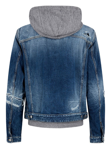 Dsquared2 Distressed Denim Jacket With Grey Hood And Ribbed Cuffs Blue XLarge 3