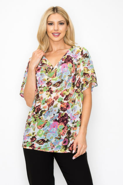 TRUEDAMES Sheer Floral Cowl Neck Top Multi Medium 3