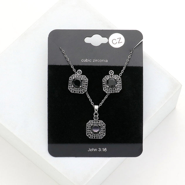 FASHNZFAB CZ Round Accented Octagon Pendant Necklace Black 5