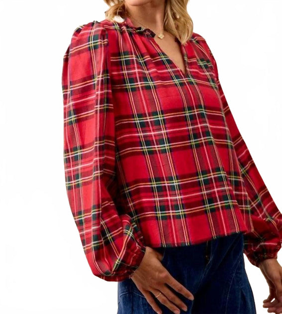 BiBi Christmas Plaid Balloon Sleeve Top Red Small 4