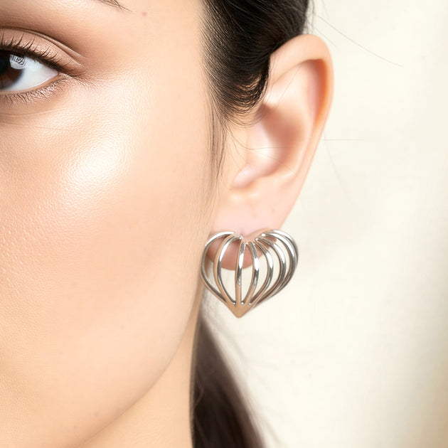 FASHNZFAB Sculpted Heart Cage Stud Earrings White Gold 2