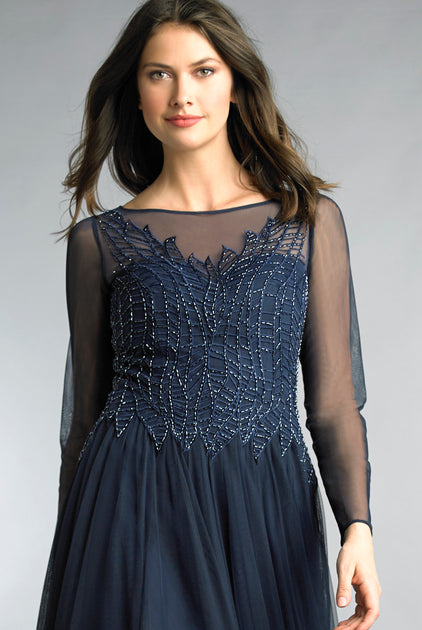 BASIX BLACK LABEL Langarm besticktes Abendkleid Blau US 4 4