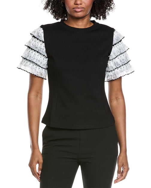 Gracia Round Neckline Tiered Short Sleeve Top Black Small 2