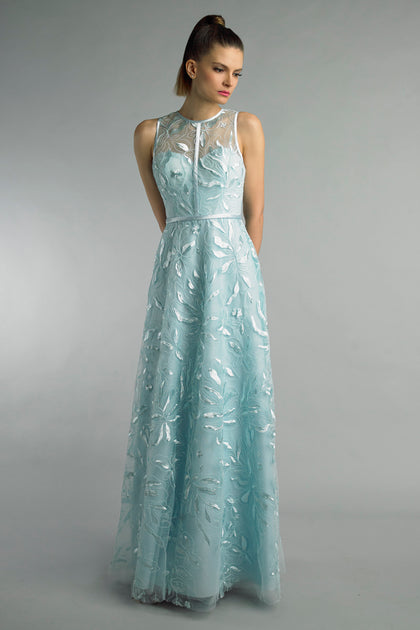 BASIX BLACK LABEL Embroidered Sleeveless Evening Gown Beige US 4 2