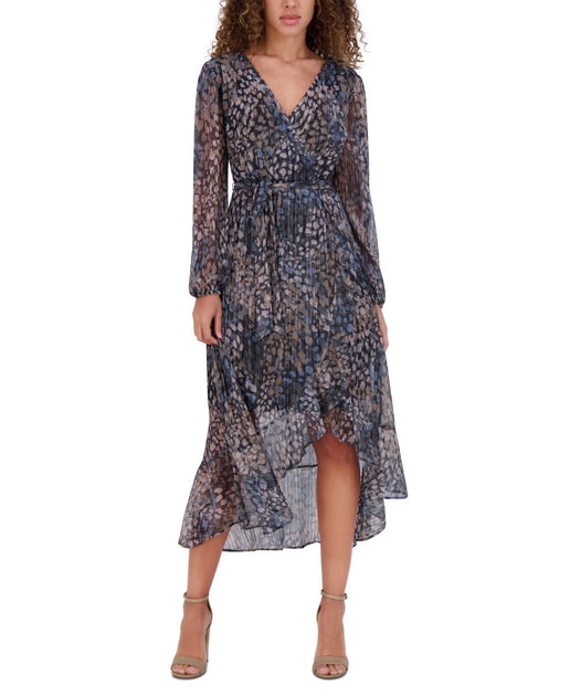 Kensie Women's Midi Wrap Dress Blue Multi Ruffle High-low Asymmetric Hem  Ups560