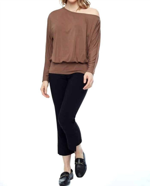 up Bamboo Knit Off-The-Shoulder Top Brown Medium 2