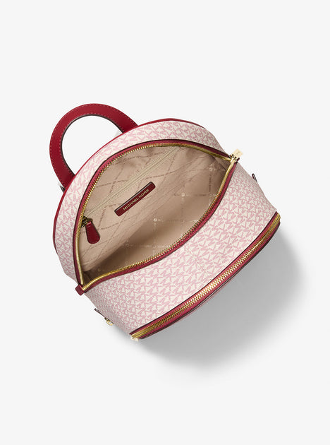 Rhea Medium Metallic Signature Logo Backpack with callout Rhea Medium Metallic Signature Logo Backpack in CHERRY  main image 2