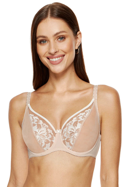TRUEDAMES Plunge Unlined Embroidered Bra Beige 34C 2