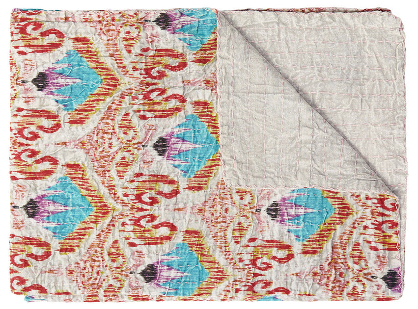 Hivvago Ikat Cotton Quilted Kantha Throw Beige/Pink 50x70in 2