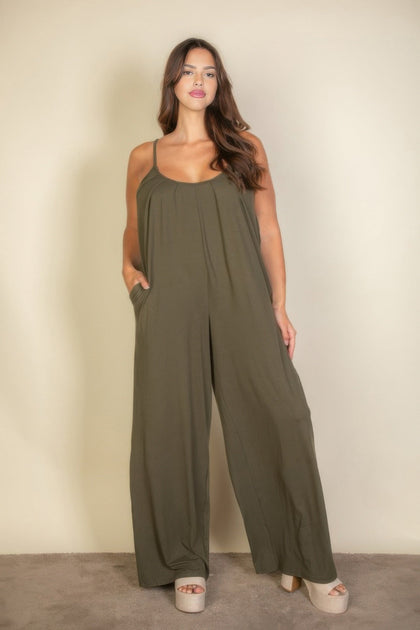 TRUEDAMES Plus Spaghetti Strap Wide Jumpsuit Beige 1X 2