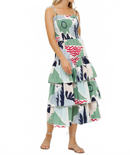 Oliphant Smocked Tie Strap Ruffle Midi Dress Multi Large 4