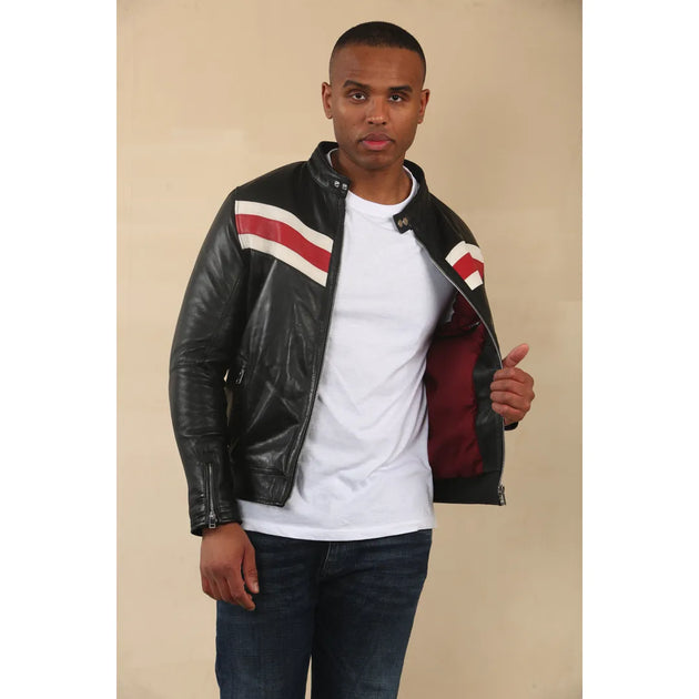 TruClothing Racer Striped Biker Leather Jacket Multi XLarge 4