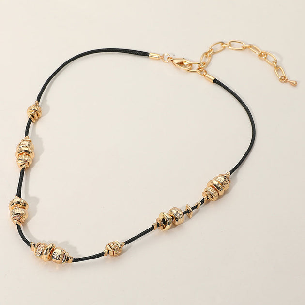 FASHNZFAB Textured Metal Beaded Cord Chain Necklace Silver 2
