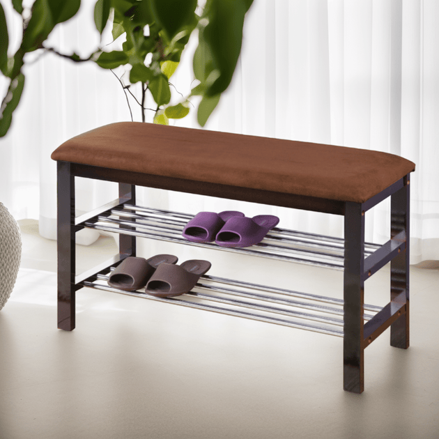 AMIDEY Wood Shoe Bench Chocolate Microfiber Espresso 4