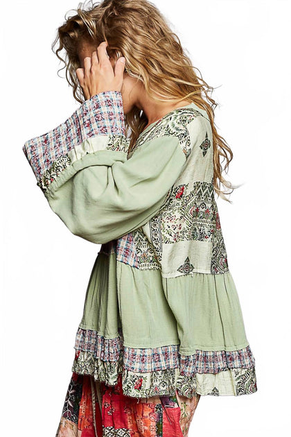 POL Relaxed Fit Print Plaid Top Green Medium 3