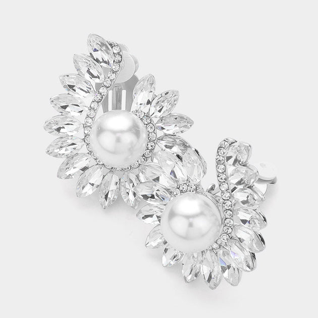 FASHNZFAB Marquise Stone Pearl Pointed Clip On Earrings Multi 4