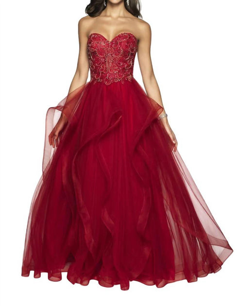 Blush Prom Handbeadetes Tüll Trägerloses Rüschenkleid Rot US 12 2