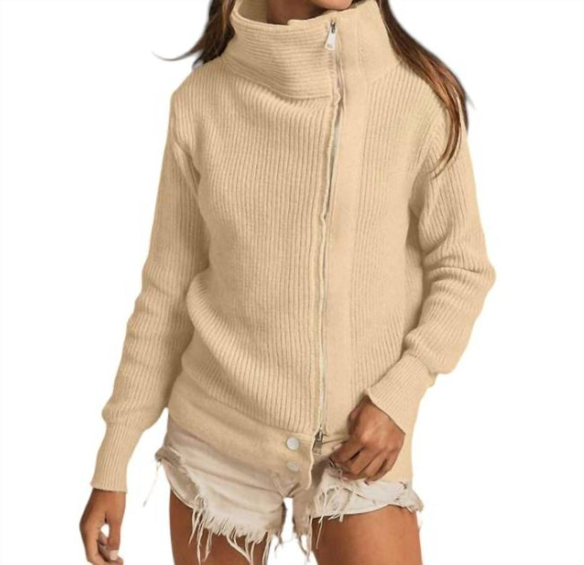 BiBi Front Zip Up High Neck Sweater Jacket Beige Small 3