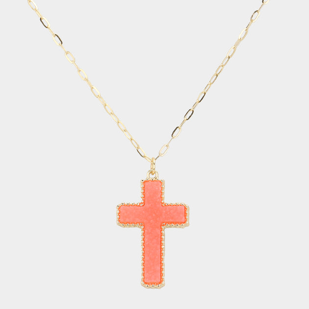 FASHNZFAB Druzy Cross Pendant Necklace Green 4