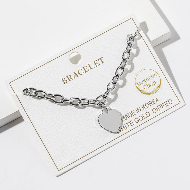 FASHNZFAB Heart Charm Link Chain Bracelet White Gold One Size 2