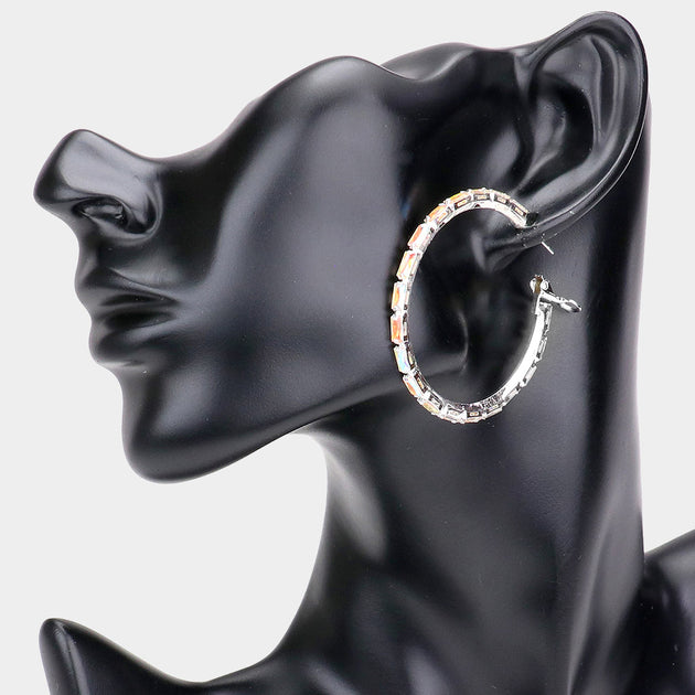 FASHNZFAB Rectangle Stone Cluster Hoop Earrings Silver Black 6