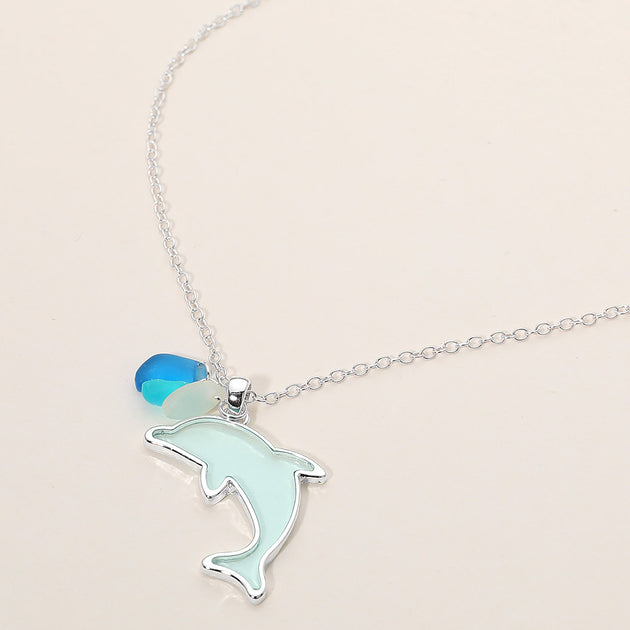 FASHNZFAB Sea Glass Dolphin Pendant Necklace Blue One Size 2