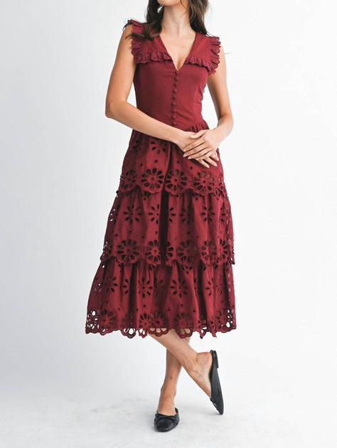 Camellia Graciela Eyelet Midi Dress Red Medium 2