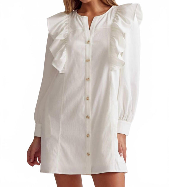 Entro Ruffle Shoulder Button Up Mini Dress White Large 2