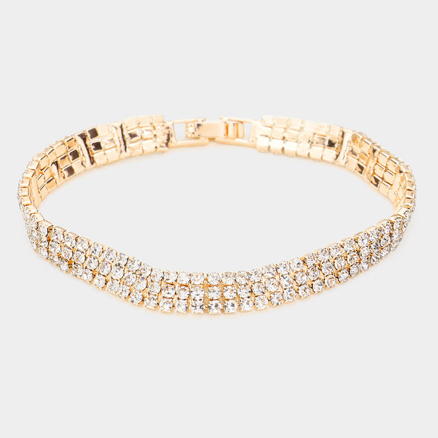 FASHNZFAB 3Rows Rhinestone Evening Bracelet Clear Gold Silver One Size 3