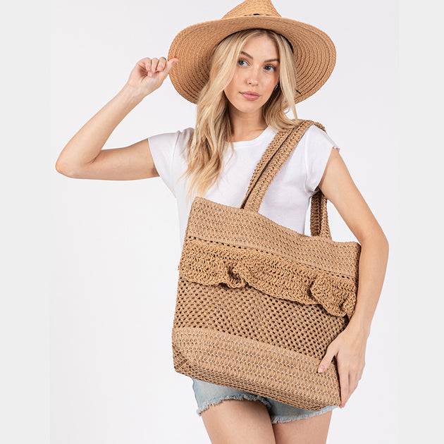 FASHNZFAB Ruffle Crochet Tote Bag Grey One Size 3