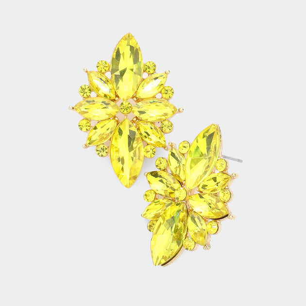 FASHNZFAB Marquise Crystal Floral Evening Earrings Yellow Green 3