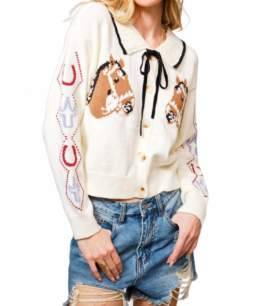 Blue B Horse Face Bow Tie Knit Cardigan White Medium 3