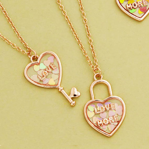 FASHNZFAB Love & Love More BFF Heart Lock Key Necklace Set Silver 5