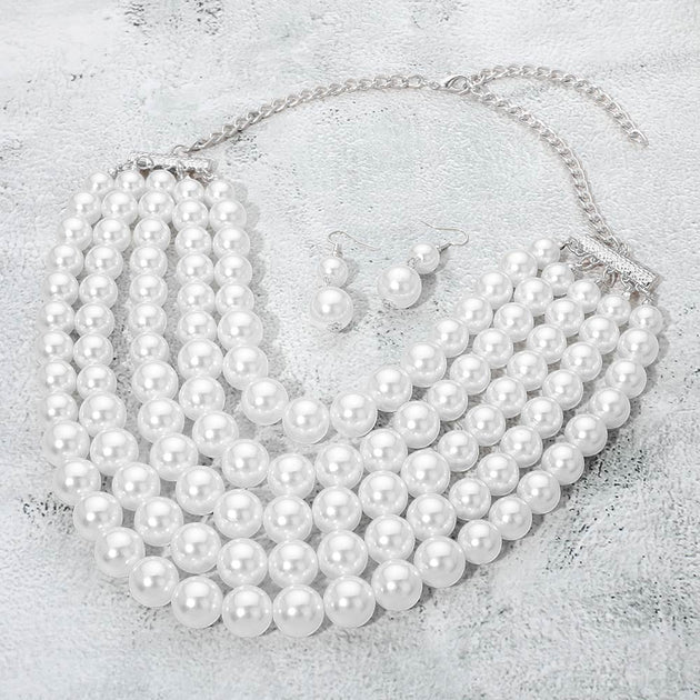 FASHNZFAB Pearl Beaded Multi Strand Statement Necklace Green 4