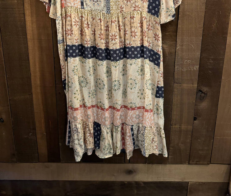 CHRIS & CAROL Boho Print Mini Dress Beige Medium 4