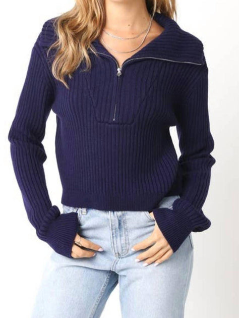 OLIVACEOUS Half Way Zipper Knit Sweater Blue Medium 2