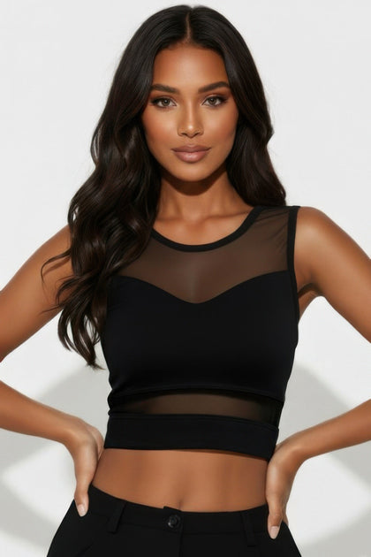 TRUEDAMES Sheer Mesh Panel Crop Tank Top Black Medium 2