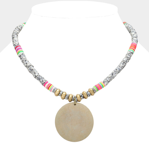 FASHNZFAB Round Wood Pendant Disc Bead Necklace Gold 4