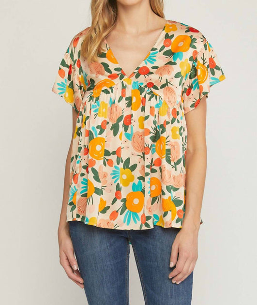 Entro Floral Babydoll Top Beige Medium 2