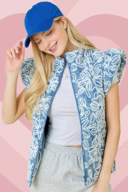 TRUEDAMES Embroidered Denim Puffer Vest Multicolor Small 3