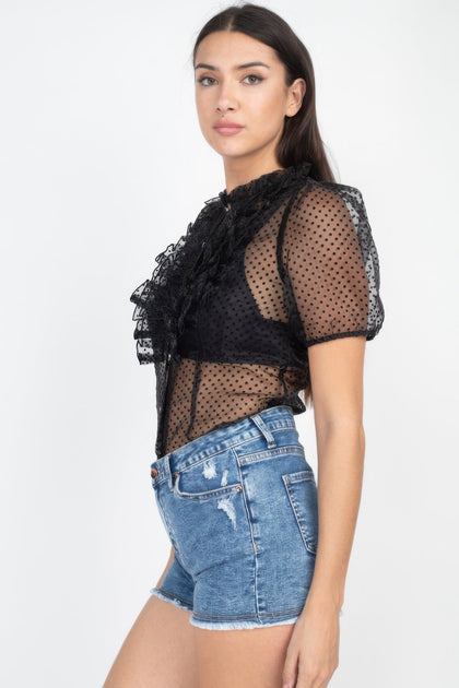 TRUEDAMES Sheer Ruffle-trim Dot Top Black Small 4