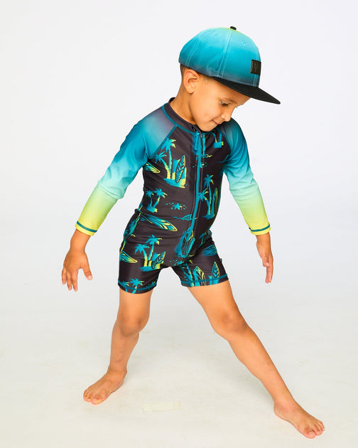 Deux par Deux One-Piece Long Sleeve Rashguard Black Surf Print US 3T 4