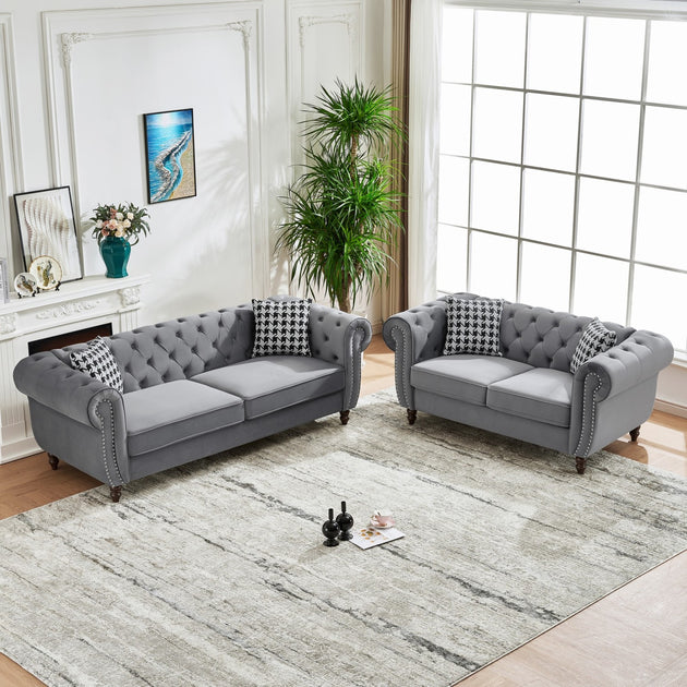 Streamdale Chesterfield Sofa Set Gray 3