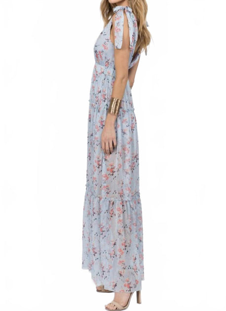 fanco Floral Deep V-Neck Maxi Dress Blue/Pink Large 2