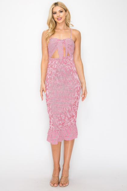 TRUEDAMES Karo Vorne Schleife Smocked Midikleid Pink Medium 2