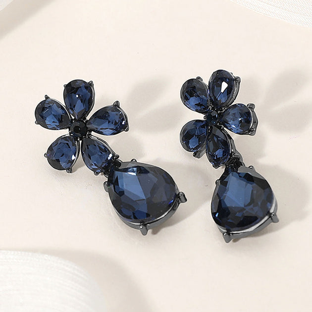 FASHNZFAB Flower Teardrop Stone Cluster Dangle Earrings Black 4