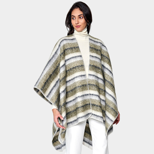 TRUEDAMES Striped Ruana Poncho Grey One Size 2