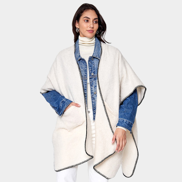 TRUEDAMES Poncho Kimono Blanc avec Poches Avant et Point de Couverture Taille Unique 2