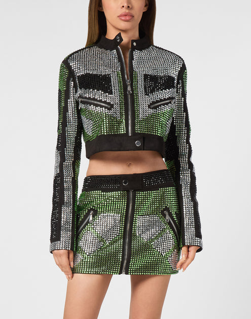 Philipp Plein Cropped Leather Biker Jacket Strass Black Small 4